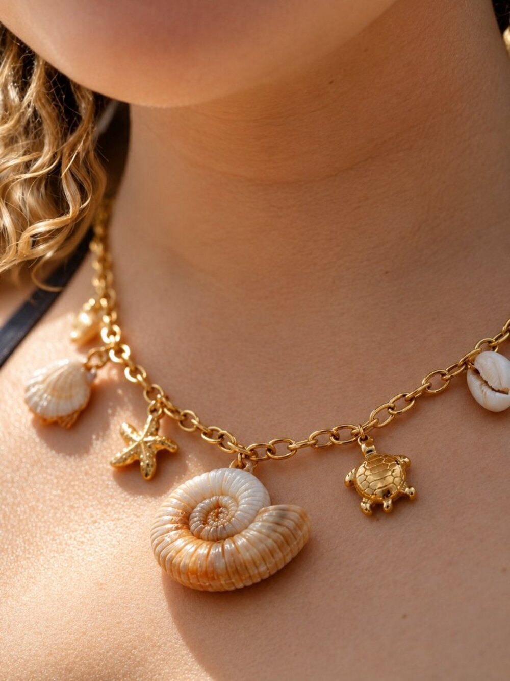 Gold Shell Turtle Starfish Charm Necklace Coastal Mermaidcore Beach 18K Plated